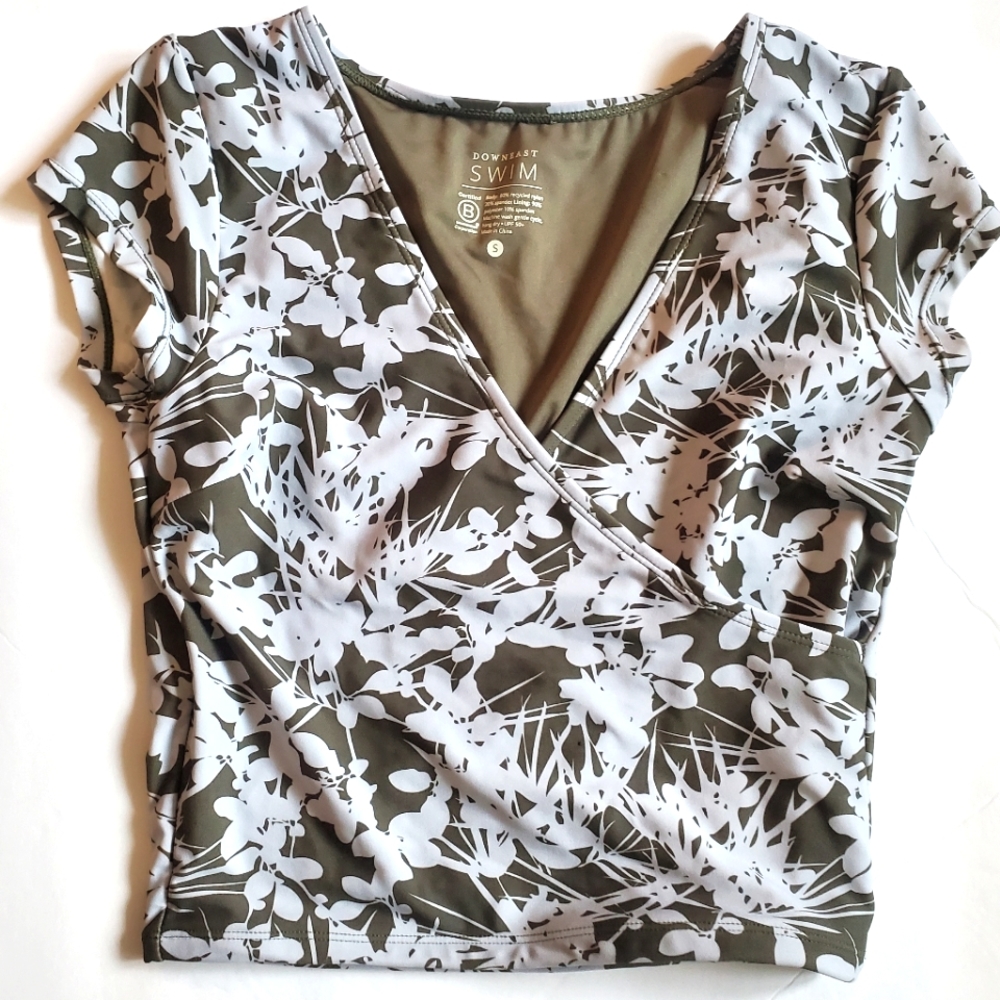 Downeast Swim, Modest Bathing Suit Top, Long, Cap Sleeves, White and Green Khaki